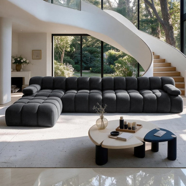 English Elm Y176-4Seater-1O-Blue Four Seat Sectional Plush Schnellertex Fabric Low Profile Living Room Dark Grey W2824S00440
