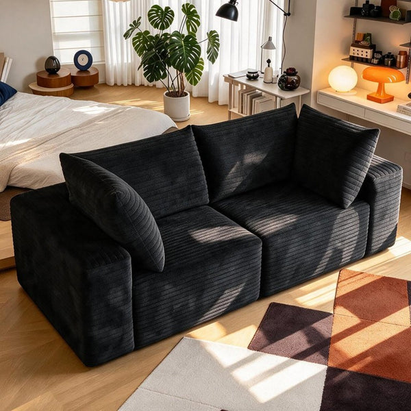 English Elm 78.8 Inch Corduroy Three Seater Sofa Deep Plush Cushioning Ready for Living Rooms Black W2824S00443