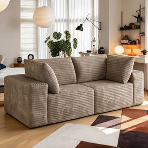 English Elm 78.8 Inch Corduroy Three Seater Sofa Deep Plush Cushioning Ready for Living Rooms Camel W2824S00444