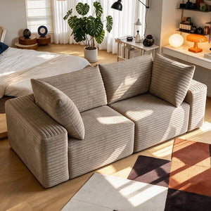 English Elm 78.8 Inch Corduroy Three Seater Sofa Deep Plush Cushioning Ready for Living Rooms Camel W2824S00444
