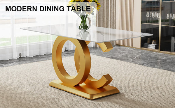 English Elm 64.5 Inch Rectangular Dining Table with Glass Panel U-Legs and Warm Grain MDF Top Gold W2827P196506