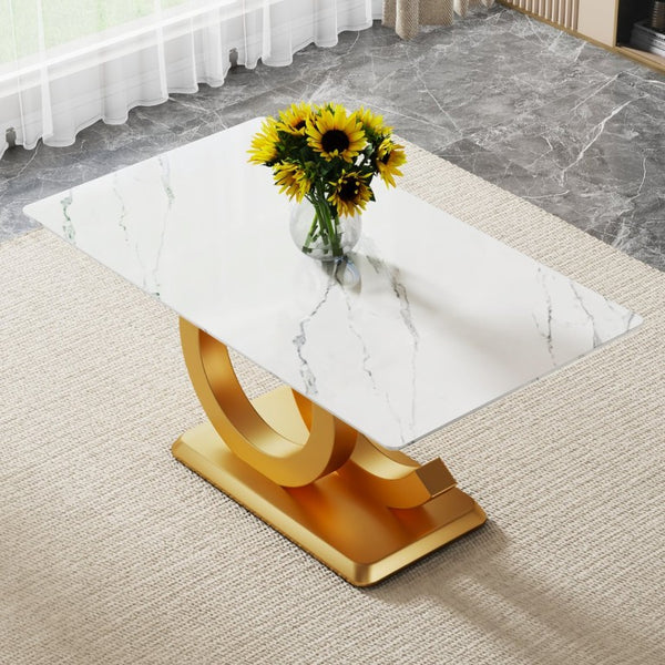 English Elm 64.5 Inch Rectangular Dining Table with Glass Panel U-Legs and Warm Grain MDF Top Gold W2827P196506
