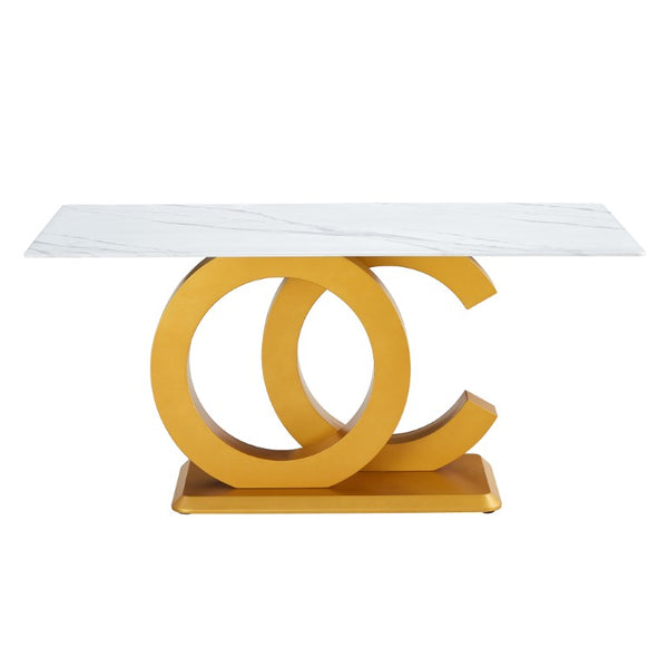 English Elm 64.5 Inch Rectangular Dining Table with Glass Panel U-Legs and Warm Grain MDF Top Gold W2827P196506