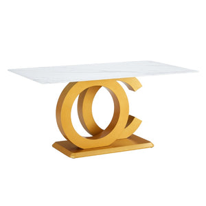 English Elm 64.5 Inch Rectangular Dining Table with Glass Panel U-Legs and Warm Grain MDF Top Gold W2827P196506