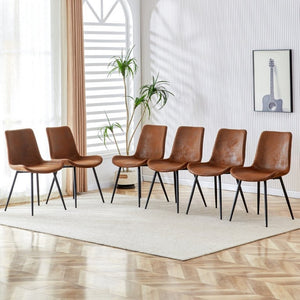 English Elm Brown Suede Upholstered Dining Chair Set of Six with Curved Seat and Black Metal Legs W2827P197567