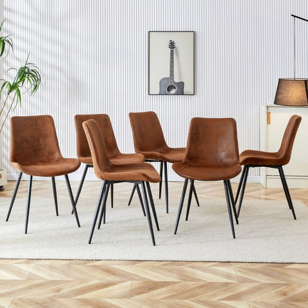 English Elm Brown Suede Upholstered Dining Chair Set of Six with Curved Seat and Black Metal Legs W2827P197567