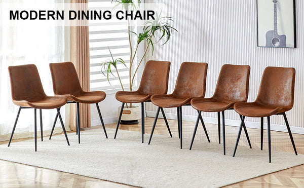 English Elm Brown Suede Upholstered Dining Chair Set of Six with Curved Seat and Black Metal Legs W2827P197567