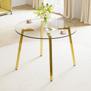 English Elm Modern Round Tempered Glass Dining Table with Gold Legs Seats Four in Airy Style W2827P200256
