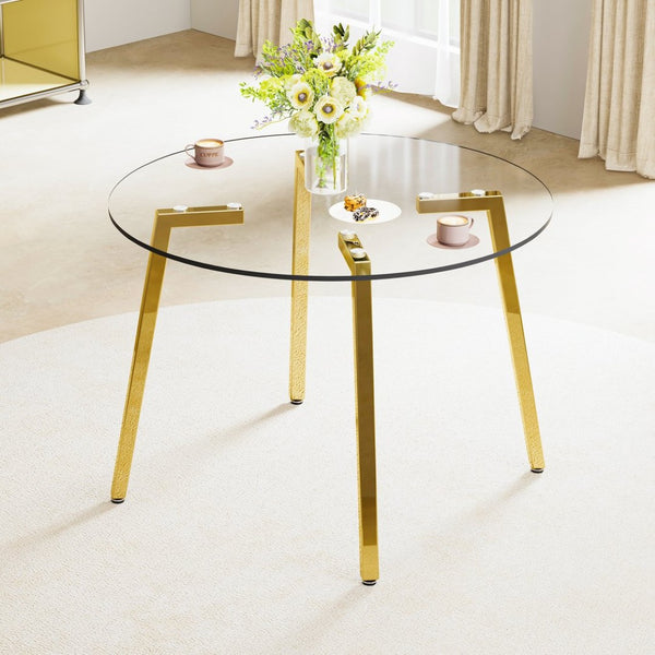 English Elm Modern Round Tempered Glass Dining Table with Gold Legs Seats Four in Airy Style W2827P200256