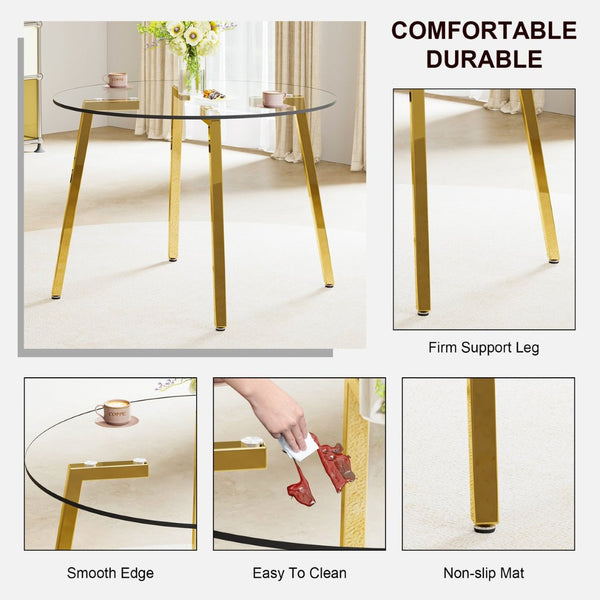 English Elm Modern Round Tempered Glass Dining Table with Gold Legs Seats Four in Airy Style W2827P200256