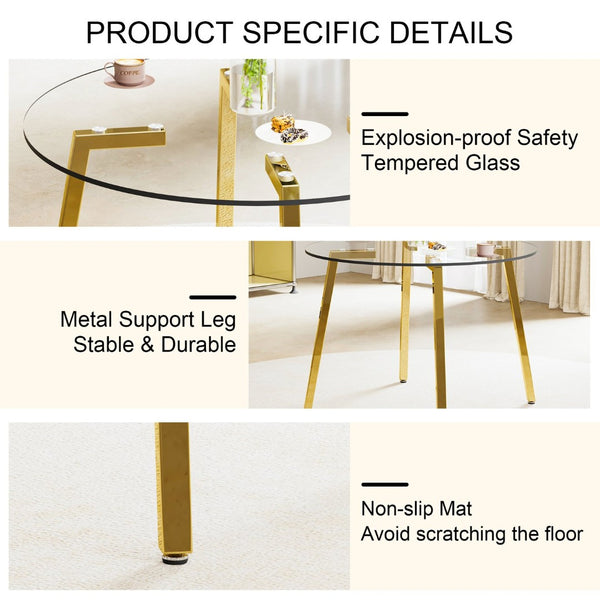 English Elm Modern Round Tempered Glass Dining Table with Gold Legs Seats Four in Airy Style W2827P200256