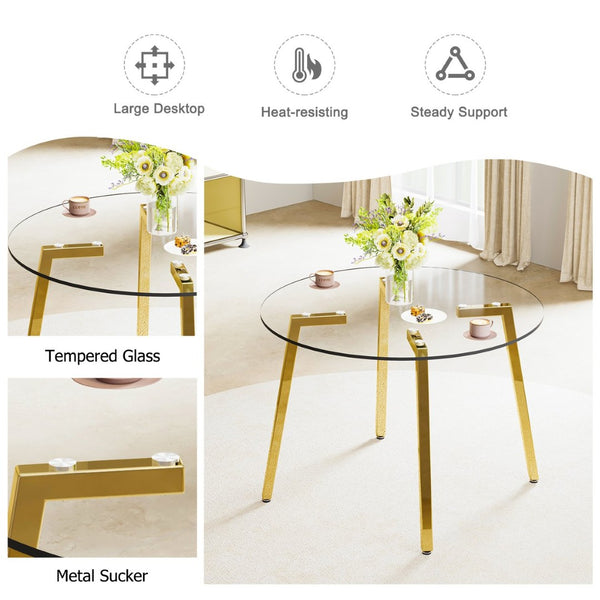 English Elm Modern Round Tempered Glass Dining Table with Gold Legs Seats Four in Airy Style W2827P200256