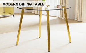 English Elm Modern Round Tempered Glass Dining Table with Gold Legs Seats Four in Airy Style W2827P200256