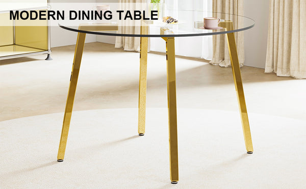 English Elm Modern Round Tempered Glass Dining Table with Gold Legs Seats Four in Airy Style W2827P200256