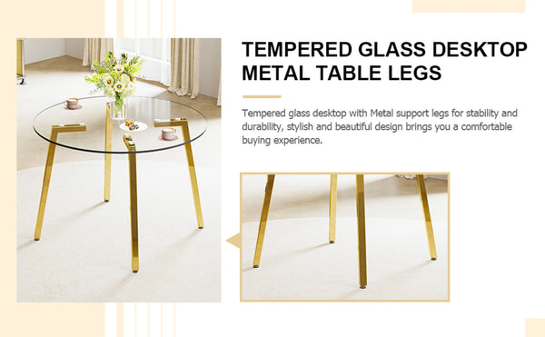 English Elm Modern Round Tempered Glass Dining Table with Gold Legs Seats Four in Airy Style W2827P200256