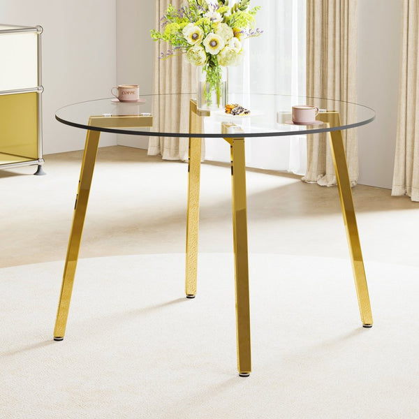 English Elm Modern Round Tempered Glass Dining Table with Gold Legs Seats Four in Airy Style W2827P200256