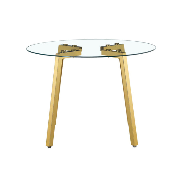 English Elm Modern Round Tempered Glass Dining Table with Gold Legs Seats Four in Airy Style W2827P200256