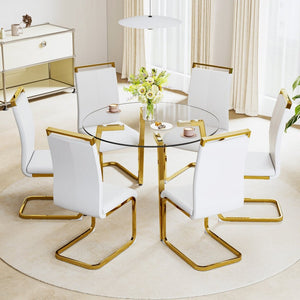 English Elm Modern Round Tempered Glass Dining Table with Gold Legs Seats Four in Airy Style W2827P200256