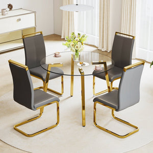 English Elm Modern Round Tempered Glass Dining Table with Gold Legs Seats Four in Airy Style W2827P200256