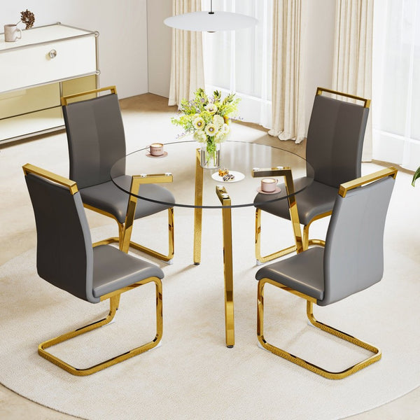 English Elm Modern Round Tempered Glass Dining Table with Gold Legs Seats Four in Airy Style W2827P200256