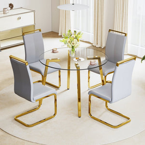 English Elm Modern Round Tempered Glass Dining Table with Gold Legs Seats Four in Airy Style W2827P200256