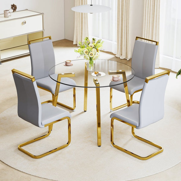 English Elm Modern Round Tempered Glass Dining Table with Gold Legs Seats Four in Airy Style W2827P200256
