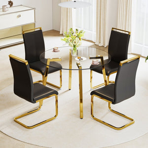 English Elm Modern Round Tempered Glass Dining Table with Gold Legs Seats Four in Airy Style W2827P200256