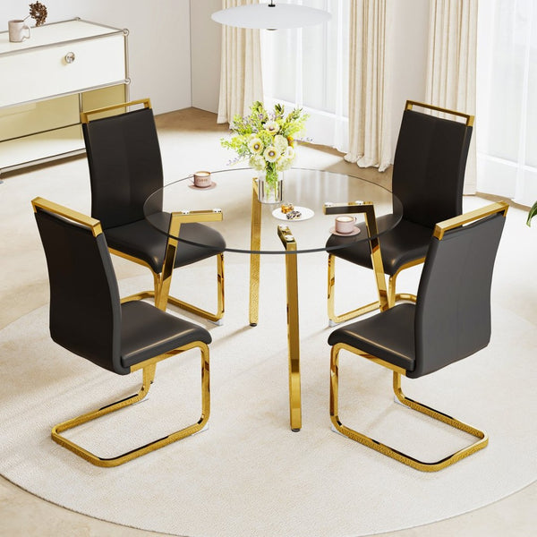 English Elm Modern Round Tempered Glass Dining Table with Gold Legs Seats Four in Airy Style W2827P200256