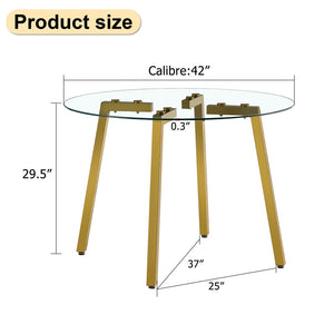 English Elm Modern Round Tempered Glass Dining Table with Gold Legs Seats Four in Airy Style W2827P200256