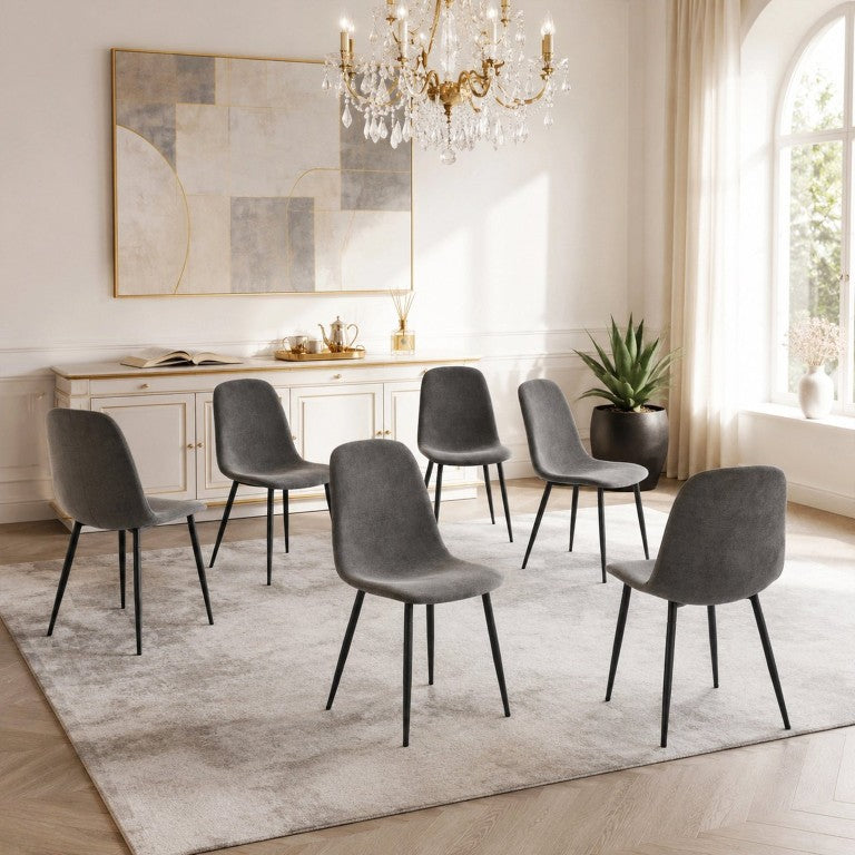 English Elm Comfortable Linen Cotton Dining Chair Set of Six with Black Metal Legs Modern Gray W2827P299451