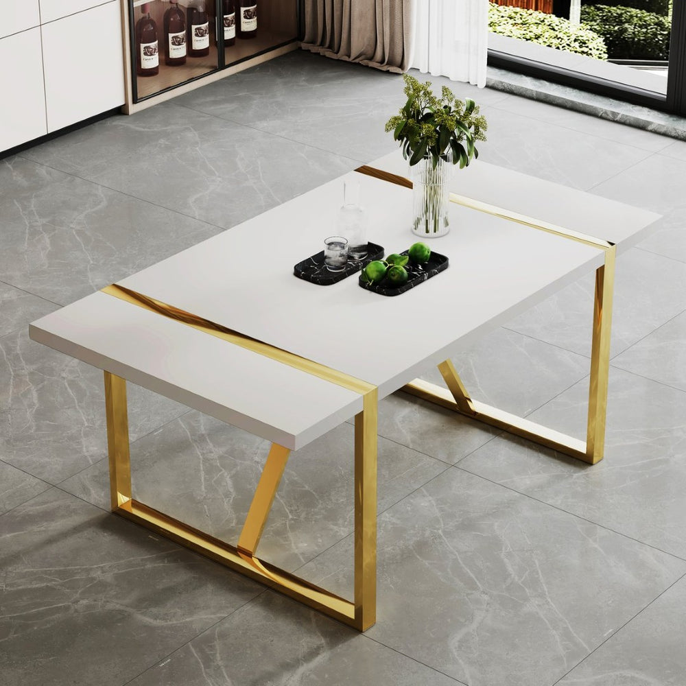 English Elm Industrial White Mdf Dining Table with Golden Metal Legs Seats Six for Modern Spaces W2827P345107