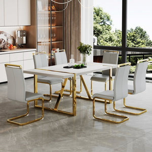 English Elm Industrial White Mdf Dining Table with Golden Metal Legs Seats Six for Modern Spaces W2827P345107