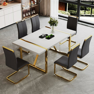 English Elm Industrial White Mdf Dining Table with Golden Metal Legs Seats Six for Modern Spaces W2827P345107