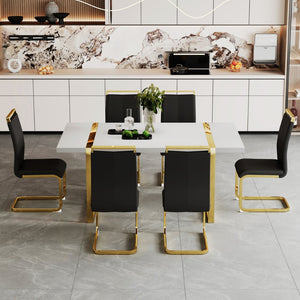 English Elm Industrial White Mdf Dining Table with Golden Metal Legs Seats Six for Modern Spaces W2827P345107