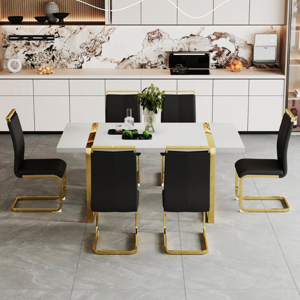 English Elm Industrial White Mdf Dining Table with Golden Metal Legs Seats Six for Modern Spaces W2827P345107