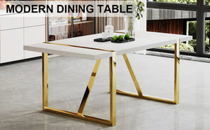 English Elm Industrial White Mdf Dining Table with Golden Metal Legs Seats Six for Modern Spaces W2827P345107