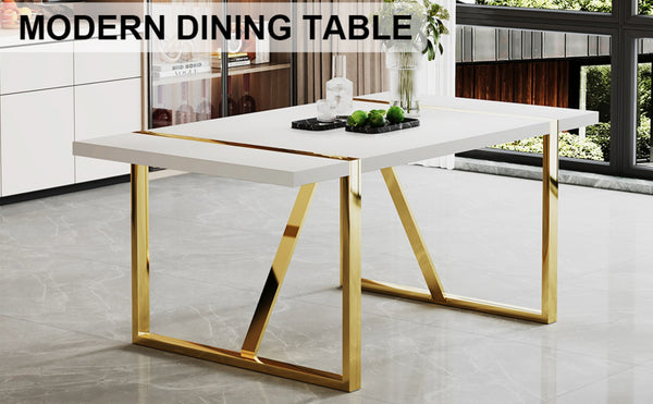 English Elm Industrial White Mdf Dining Table with Golden Metal Legs Seats Six for Modern Spaces W2827P345107
