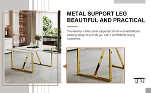 English Elm Industrial White Mdf Dining Table with Golden Metal Legs Seats Six for Modern Spaces W2827P345107