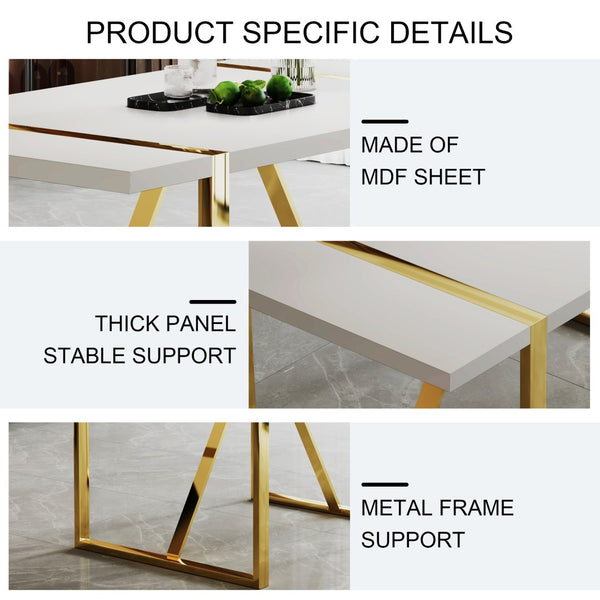 English Elm Industrial White Mdf Dining Table with Golden Metal Legs Seats Six for Modern Spaces W2827P345107