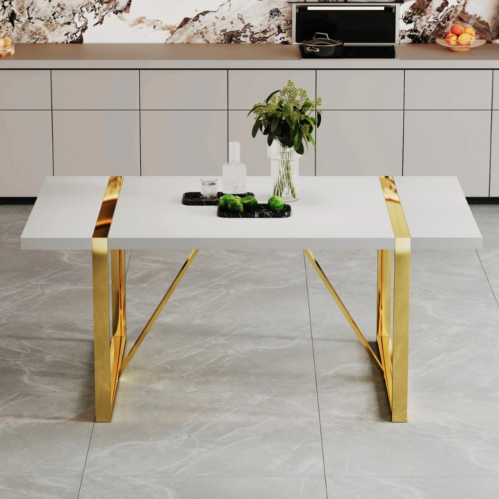 English Elm Industrial White Mdf Dining Table with Golden Metal Legs Seats Six for Modern Spaces W2827P345107