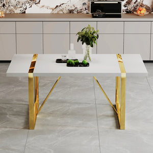 English Elm Industrial White Mdf Dining Table with Golden Metal Legs Seats Six for Modern Spaces W2827P345107