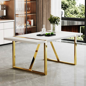English Elm Industrial White Mdf Dining Table with Golden Metal Legs Seats Six for Modern Spaces W2827P345107