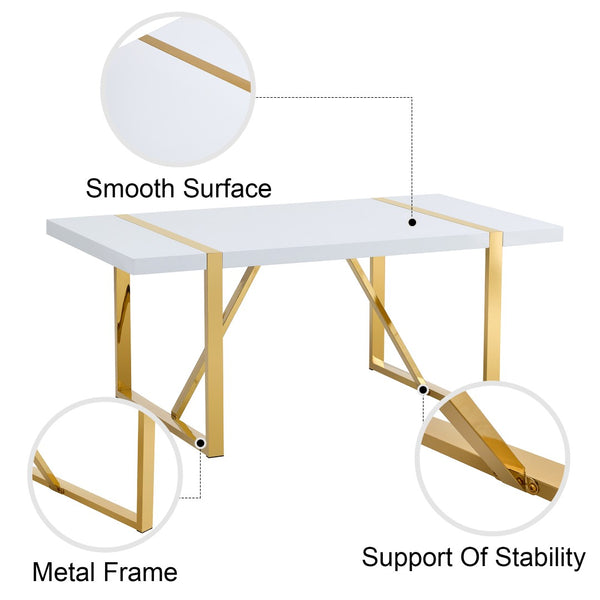 English Elm Industrial White Mdf Dining Table with Golden Metal Legs Seats Six for Modern Spaces W2827P345107