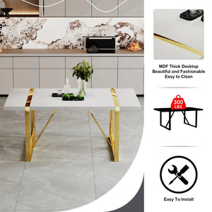 English Elm Industrial White Mdf Dining Table with Golden Metal Legs Seats Six for Modern Spaces W2827P345107