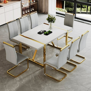English Elm Industrial White Mdf Dining Table with Golden Metal Legs Seats Six for Modern Spaces W2827P345107