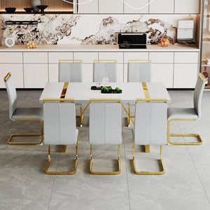 English Elm Industrial White Mdf Dining Table with Golden Metal Legs Seats Six for Modern Spaces W2827P345107