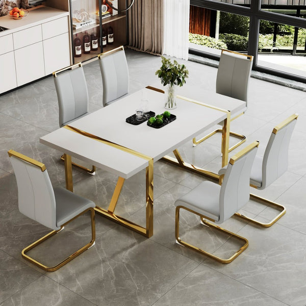 English Elm Industrial White Mdf Dining Table with Golden Metal Legs Seats Six for Modern Spaces W2827P345107