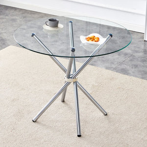 English Elm Round Glass Dining Table with Sculptural Silver Ring Base Seats Four to Six in Style W2827P387803