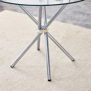 English Elm Round Glass Dining Table with Sculptural Silver Ring Base Seats Four to Six in Style W2827P387803
