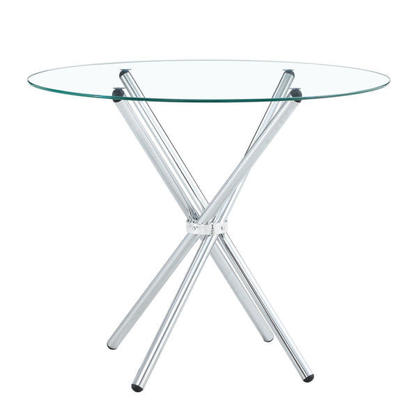 English Elm Round Glass Dining Table with Sculptural Silver Ring Base Seats Four to Six in Style W2827P387803